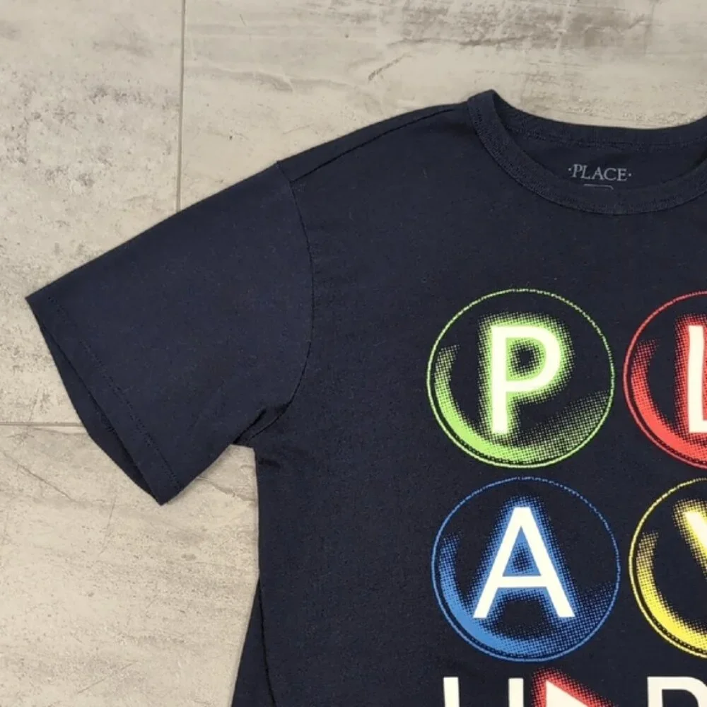 The Childrens Place Graphic Gaming Tee Navy Blue Play Hard Boys Youth XL 14